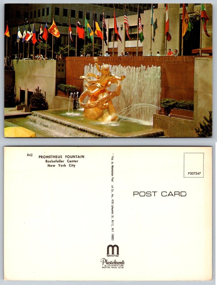 Rockefeller Center Prometheus Fountain NYC Plastichrome Postcard
