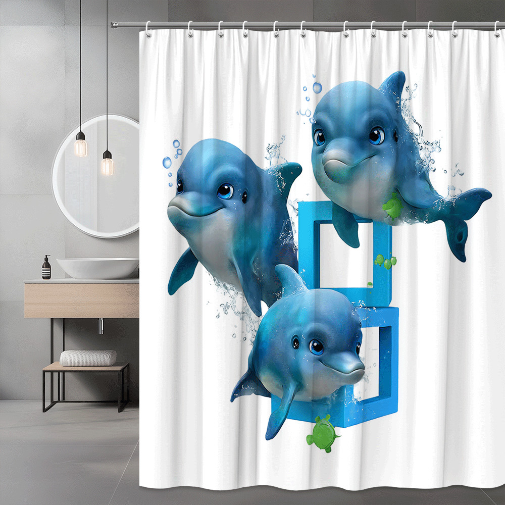 Blue Dolphin Shower Curtain, Cute Ocean Animal Print