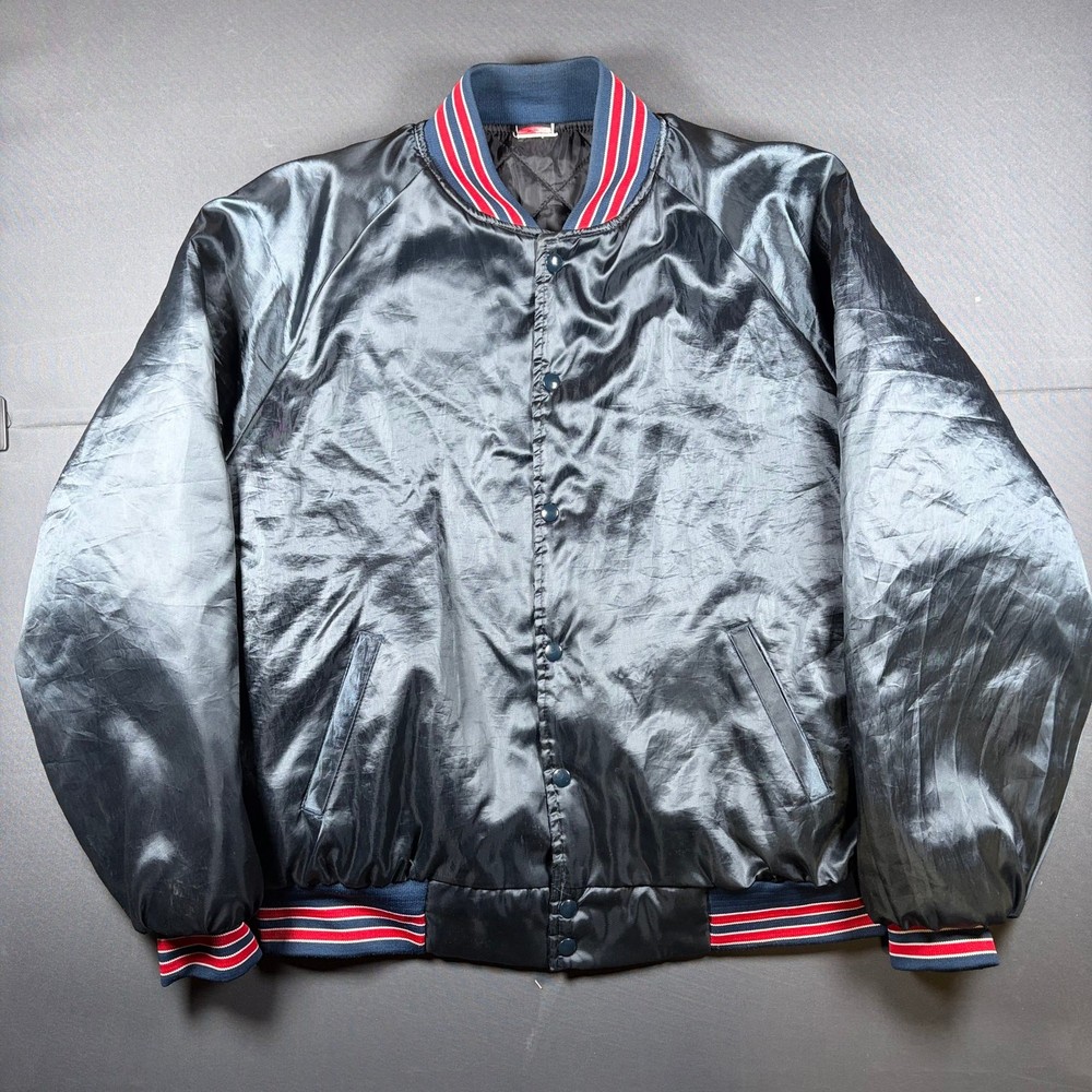 Union Line Black Satin Bomber Jacket Lined Varsity Snap Front Made in USA Sz XL