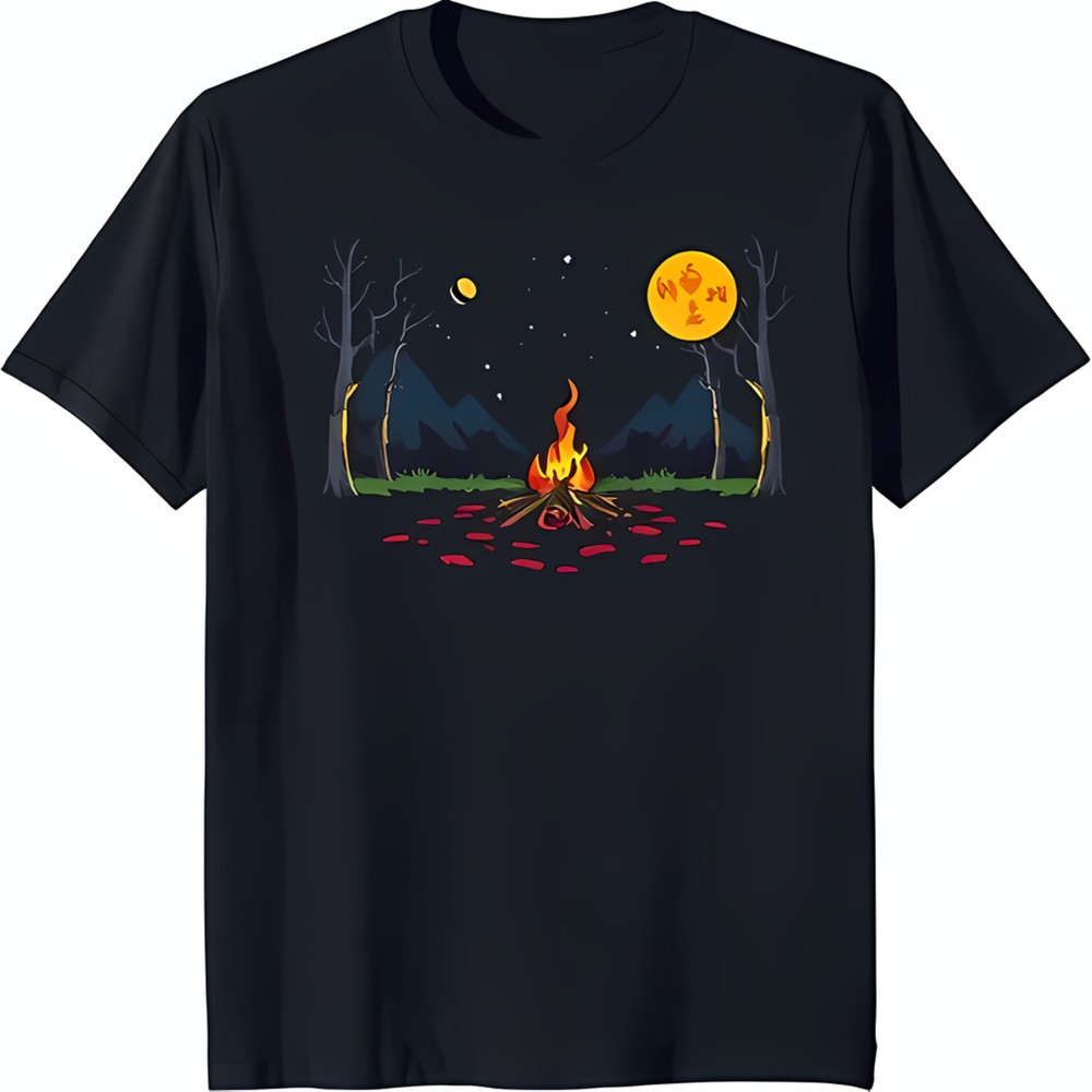 Cozy Campfire Scene Black T-Shirt with Vibrant Flames & Starry Night Sky