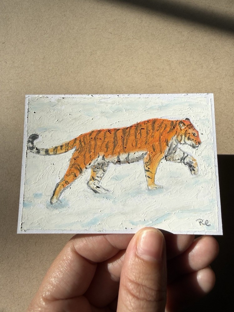 ACEO Art Card Original Tiger In The Snow Oil Pastel Mini Drawing OOAK