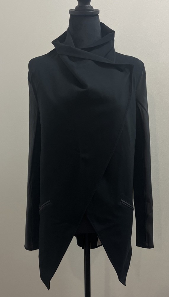 SPANX Black Faux Leather Trim & Sleeves Crossover Panel Jacket Womens sz XS