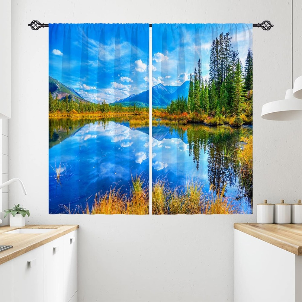 Landscape Kitchen Curtains Nature Theme Autumn Forest Lake Mountain Cloud Scene