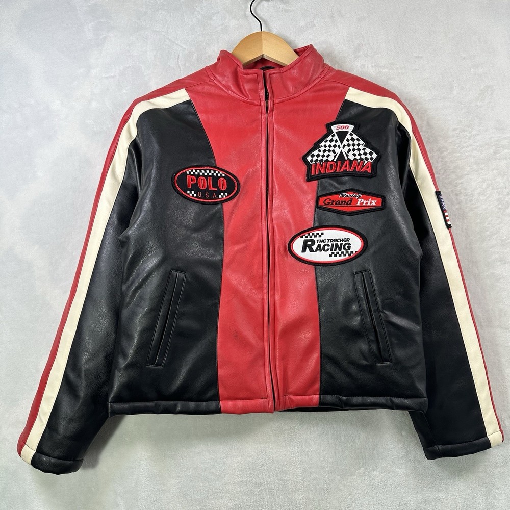 Vintage Polo USA Sports RACING Leather Moto Jacket 90's Biker Youth Size M