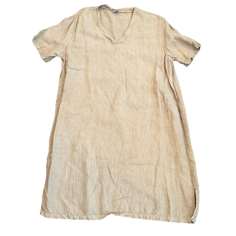 Poetry Linen Dress Size 12 Short Sleeve V Neck Midi Tan/Camel Lagenlook Minimal