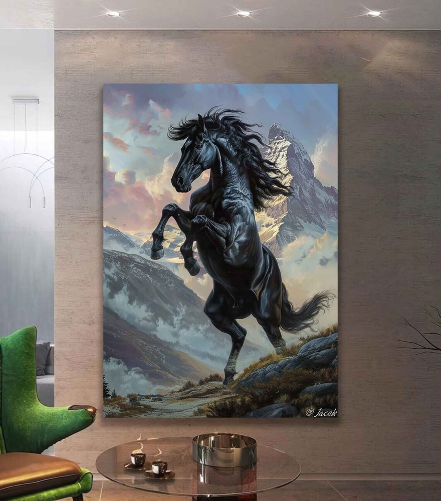 Black Horse, Prancing Horse on The Mountain Wall Art Canvas Unframed Print Art