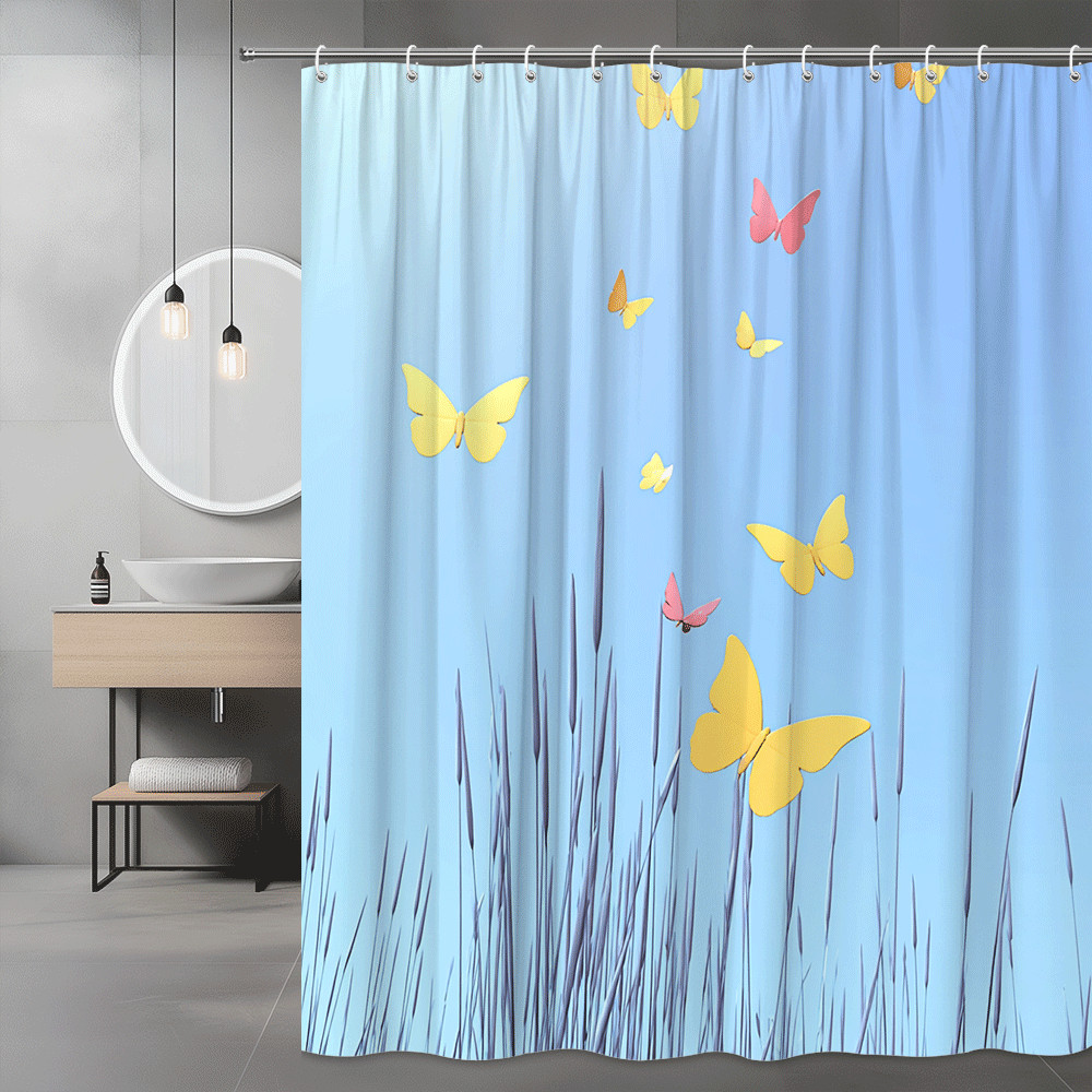 Butterfly Shower Curtain Blue Sky Grass Floral Print