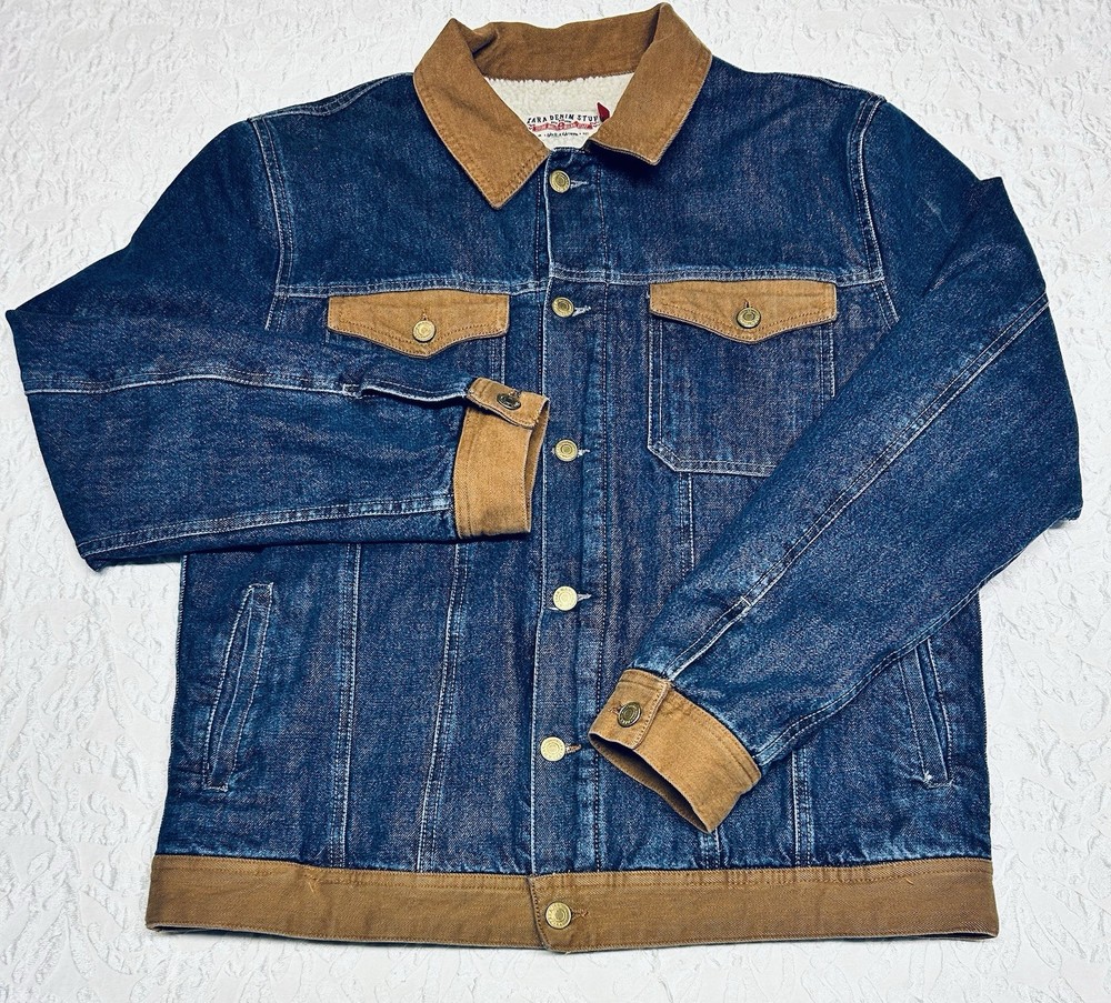 New Zara Denim Stuff Men's XL Jean Blue Sherpa Lined Jacket 4 Front Pockets