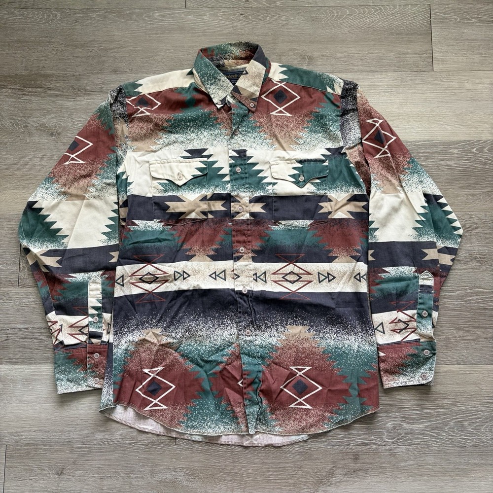 Vintage 90s Panhandle Slim Rodeo Western Aztec Button Down Shirt Mens L USA Made