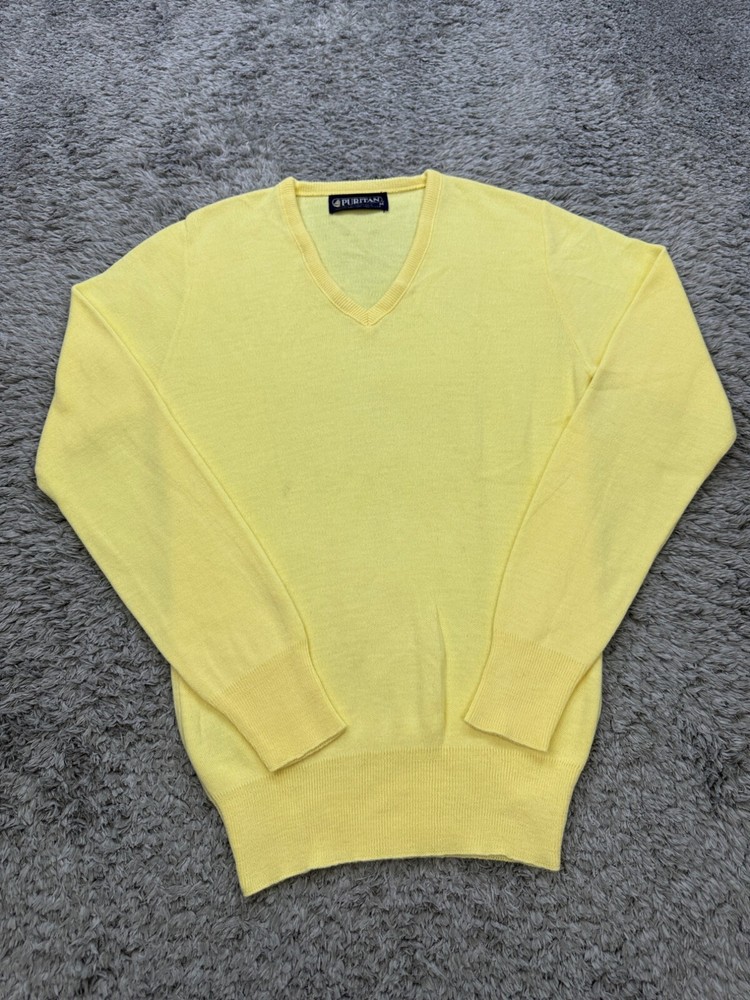 VTG Puritan Sweater Mens Medium Yellow Orlon Acrylic V Neck Grandpa Made In USA