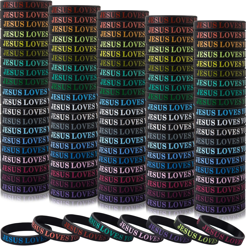 100 Pcs Jesus Loves You Colorful Rubber Bracelets - Christian Rubber Wristbands
