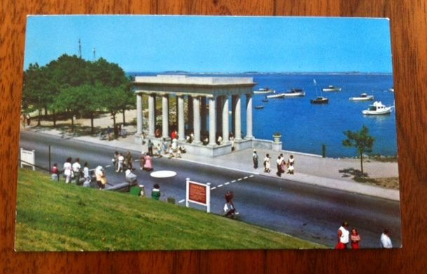 Vintage Postcard PLYMOUTH MASSACHUSETTS Rock & Portico with Harbor in Background