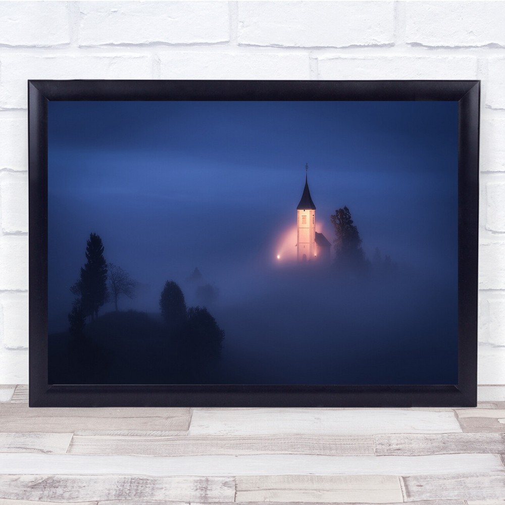 Misty Night Landscape Illuminated Building Wall Art Print