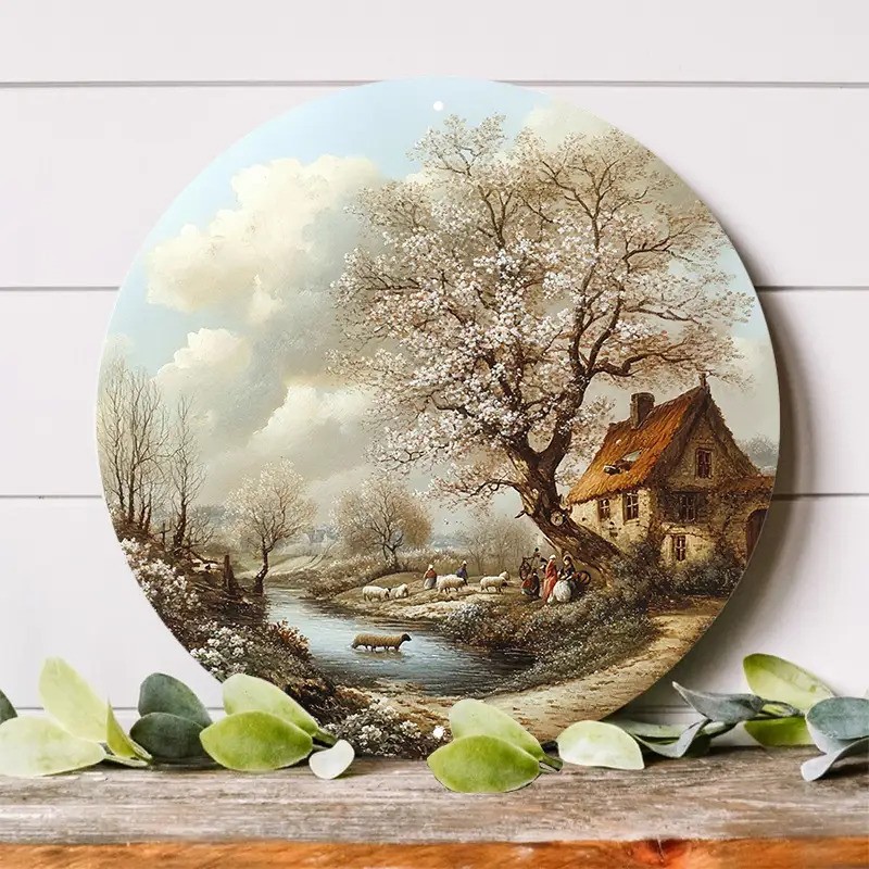 Vintage Farmhouse Pastoral Landscape Metal Wall Decor Round
