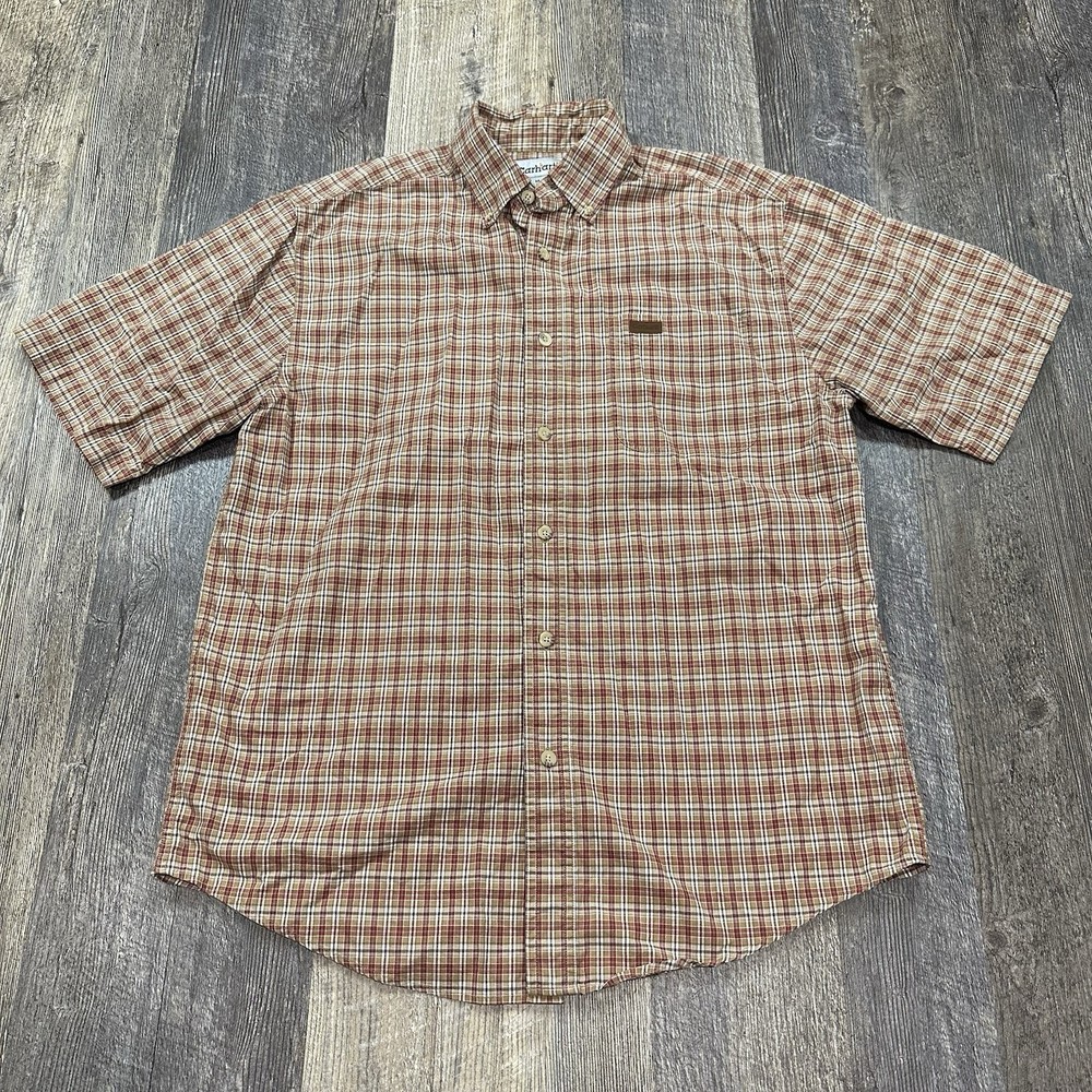 Carhartt Short Sleeve Button Down Shirt Men’s Size M Red Brown Plaid Pocket