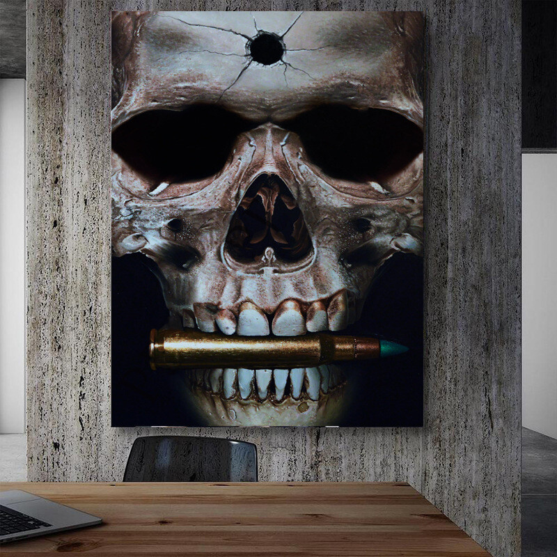 Abstract Black Skull with Bullet Wall Art Canvas Painting Posters and Print Wall-image