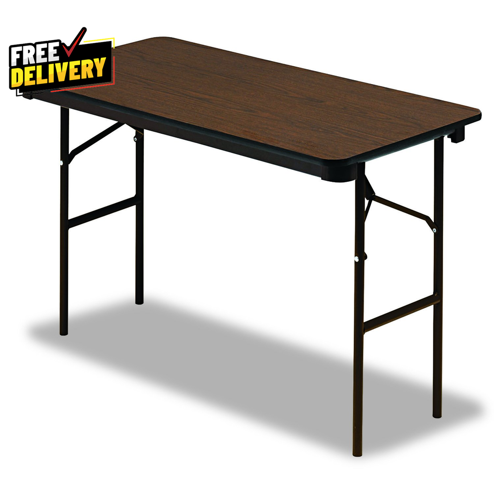 Officeworks Classic Walnut Laminate Folding Table with Brown Steel Legs