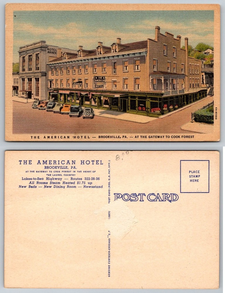 American Hotel Brookville PA Vintage Postcard 1930s Cook Forest Laurel Country