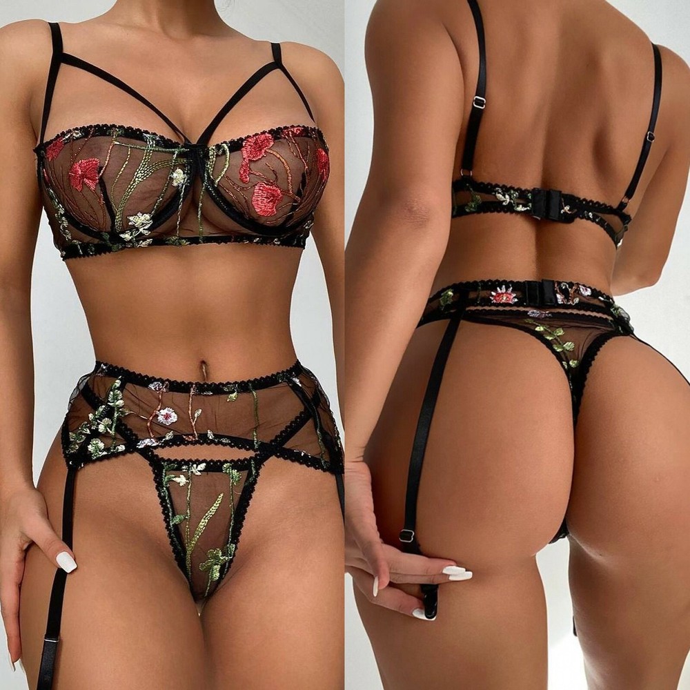 Женщин вышивка бюстгальтер трусиков стрингов Sleepwear нижнее белье белье белье подвязки комплект