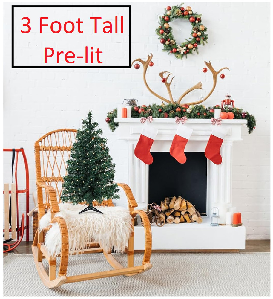 3FT Pre-Lit Artificial Christmas Pine Tree with Warm LED Lights + Metal Hinges