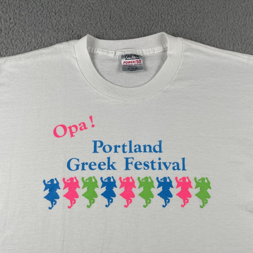 Vtg Oneita XL White Single Stitch Shirt Portland Greek Festival Opa Made In USA