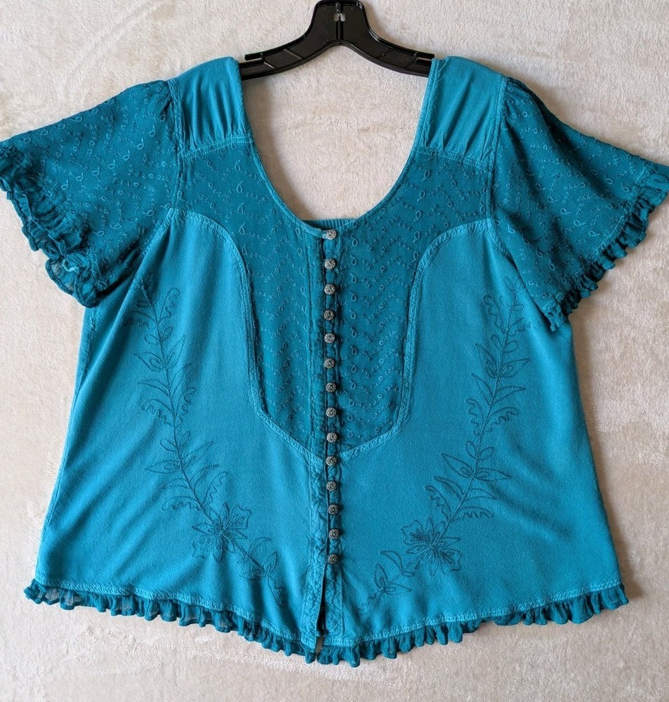 Denim 24/7 Women’s Size 18W Top Turquois Embroidered Ruffles Feminine Short S
