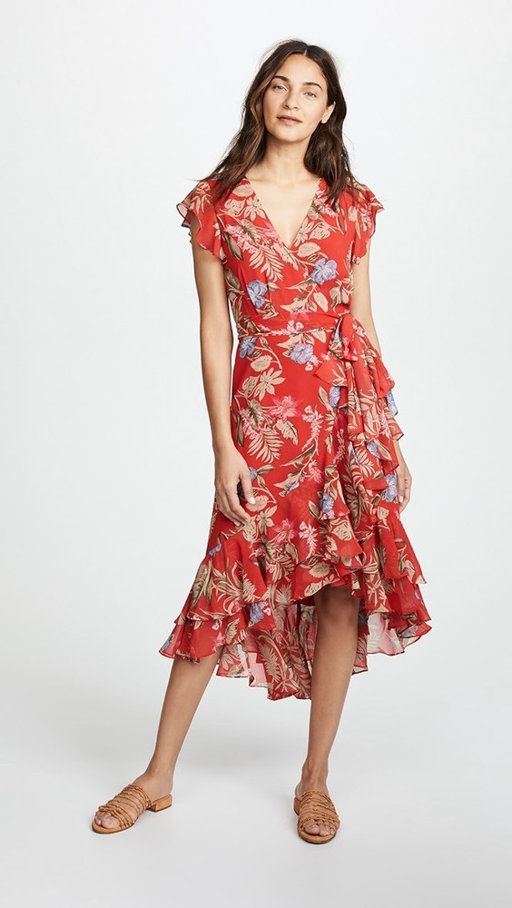 WAYF Chelsea Tiered Ruffle Maxi Floral Ruffle Dress Size L Red feminine NWT