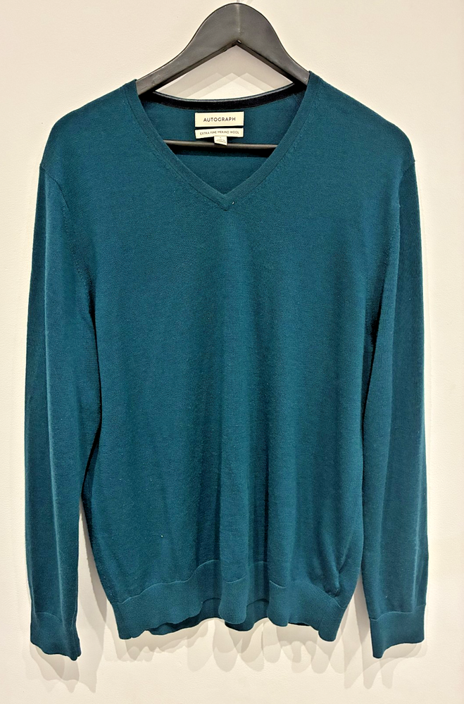 Autograph Extra Fine Merino Wool Jumper Men’s L Teal V Neck Pre-Owned