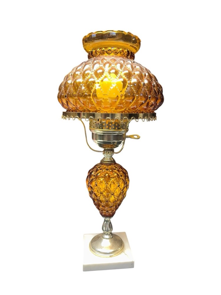 Vintage Amber Glass Quilted Table Lamp MCM Bedside Accent Marble Base