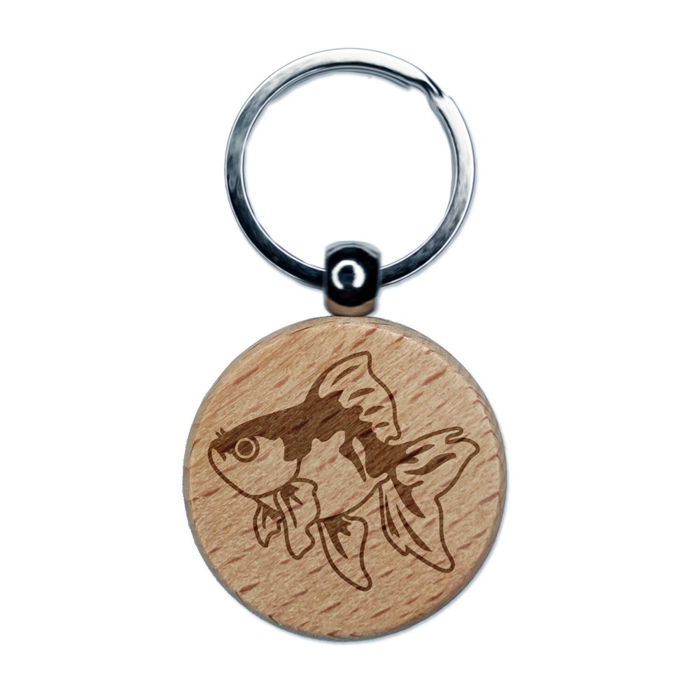 Fancy Pet Goldfish Engraved Wood Round Keychain Tag Charm