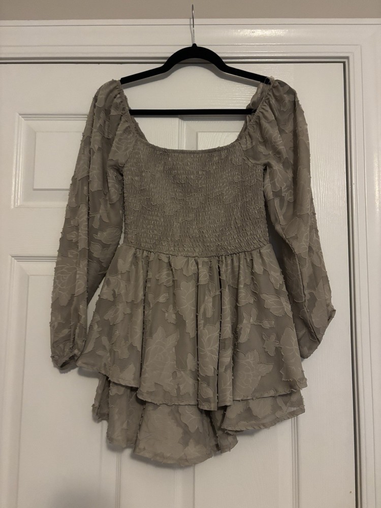 Women’s Beige Floral Chiffon Blouse S Smocked Square Neck Puff Sleeve Peplum