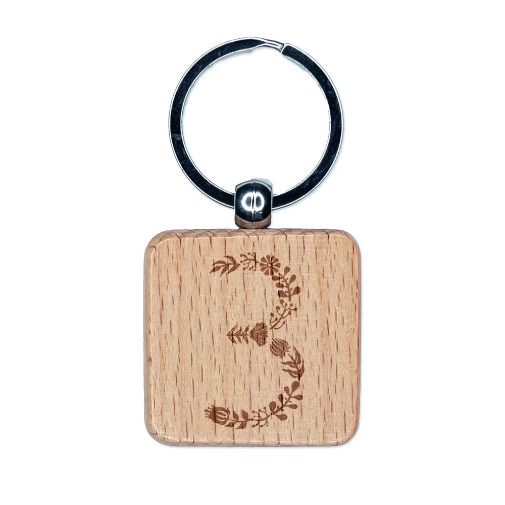 Elegant Botanical Floral Number 3 Engraved Wood Square Keychain Tag Charm