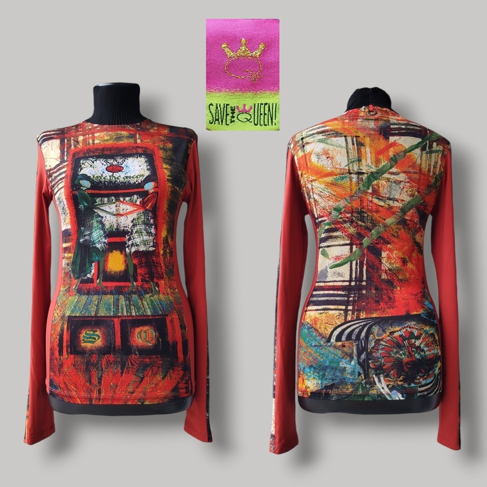 Save The Queen Top Long Sleeve Abstract Graphic Print Vintage Y2K Size M-image