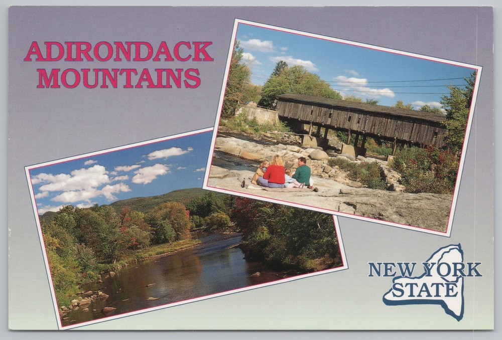 Bridge~River & Old Covered Bridge Adirondack Mountains~Continental Postcard