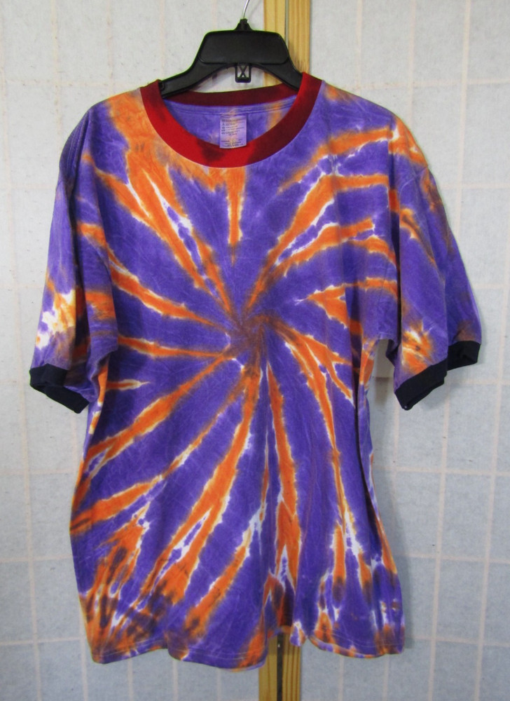 Purple/Orange Tie Dye Short Banded Sleeve Cotton T-Shirt Men's Size L