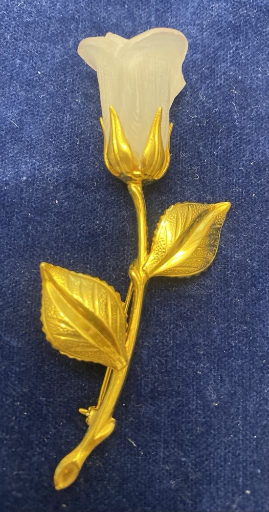 Vintage 3” Gold Tone Single Stem Frosted Rose Pin Brooch Two Leaves