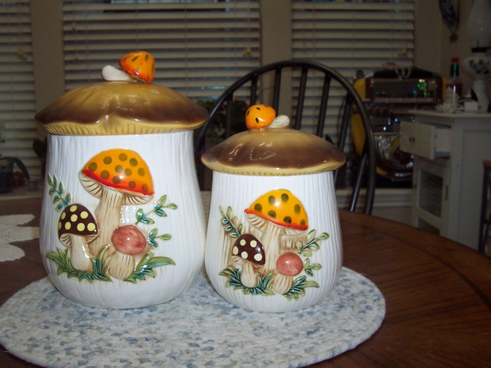Vintage Sears Merry Mushrooms 2 Canister Set With Lids No Chips