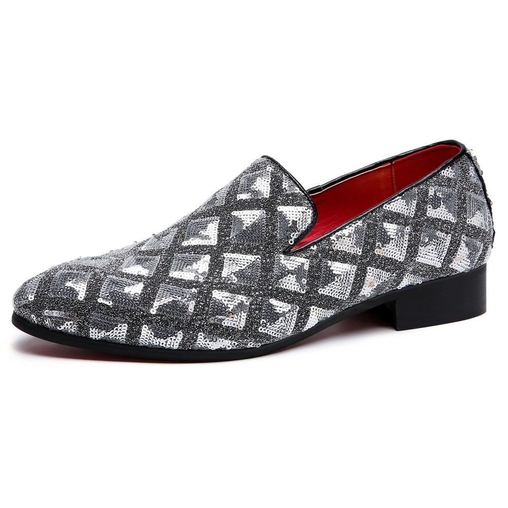 Santimon Mens US 12 Silver Paillette Glitter Smoking Slip On Loafers Dress Shoes
