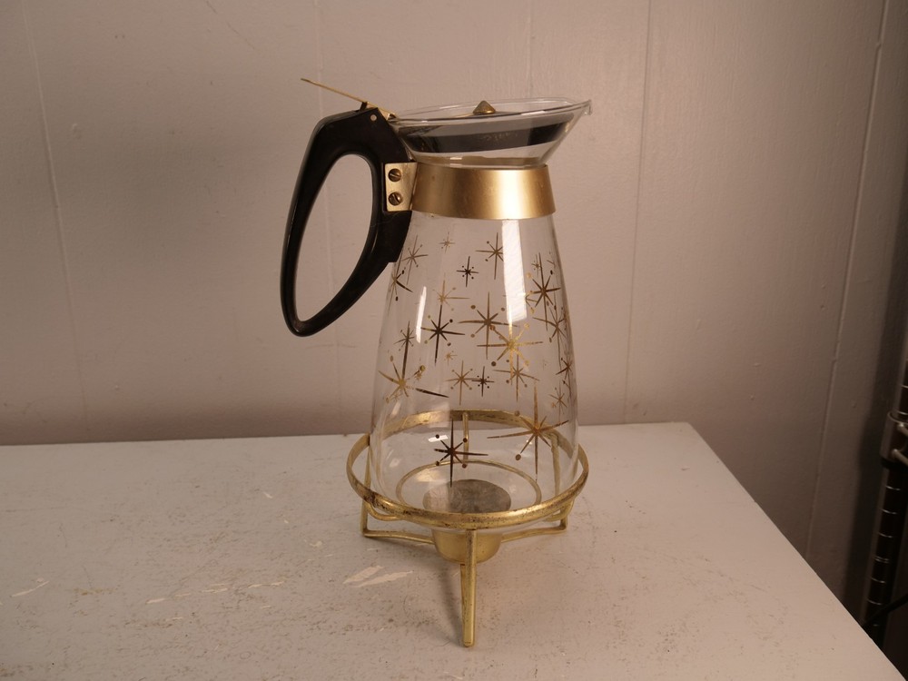 Vintage Pyrex Atomic Starburst Gold Coffee Carafe With Lid And Warmer