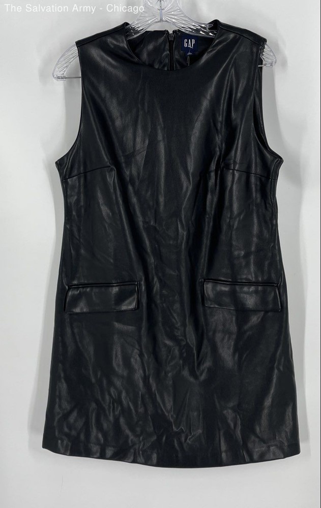 Gap Womens Black Leather Round Neck Sleeveless Back Zip Shift Dress Size M