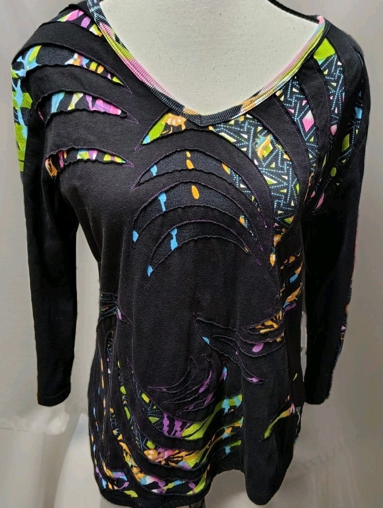 Parsley Sage Blouse Size L Black Cotton V-Neck 3/4 Sleeve Art Print