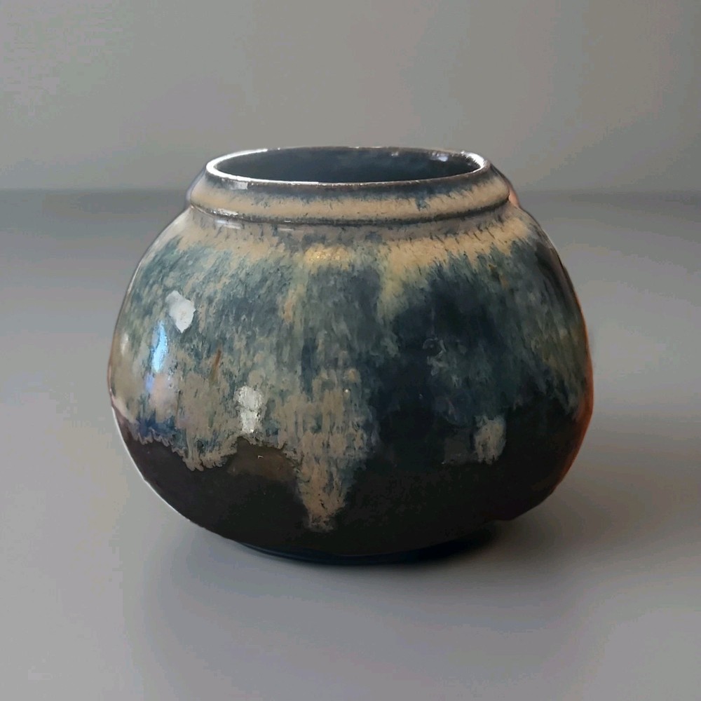 JLP Handmade Ceramic Vase, Blue Abstract Glaze, Signed, Decorative Pottery