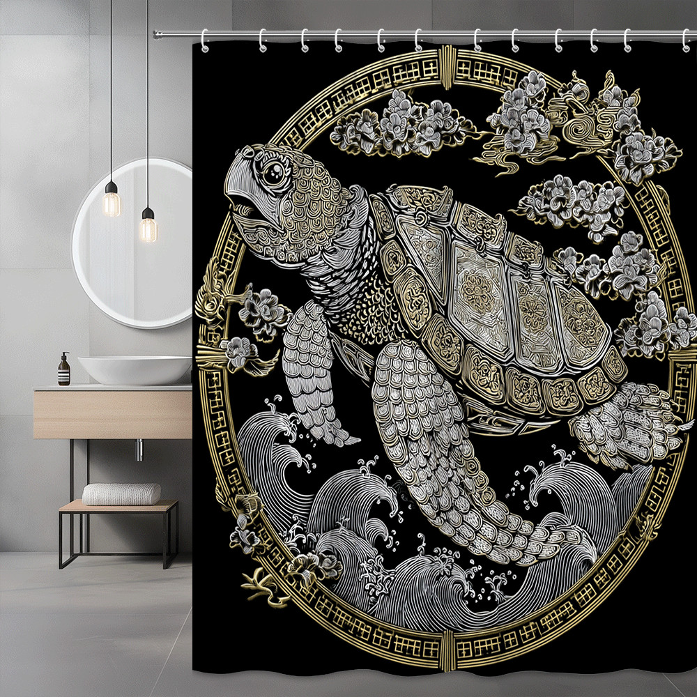 Turtle Floral Shower Curtain Black Gold Graphic Print