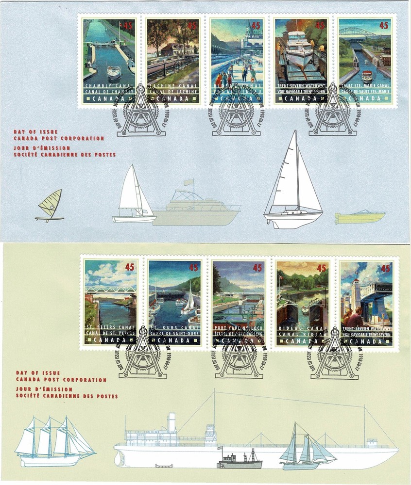CANADA 1998 CANADIAN CANALS SET OF 10 ON 2 x OFFICIAL FIRST DAY COVERS BOATS