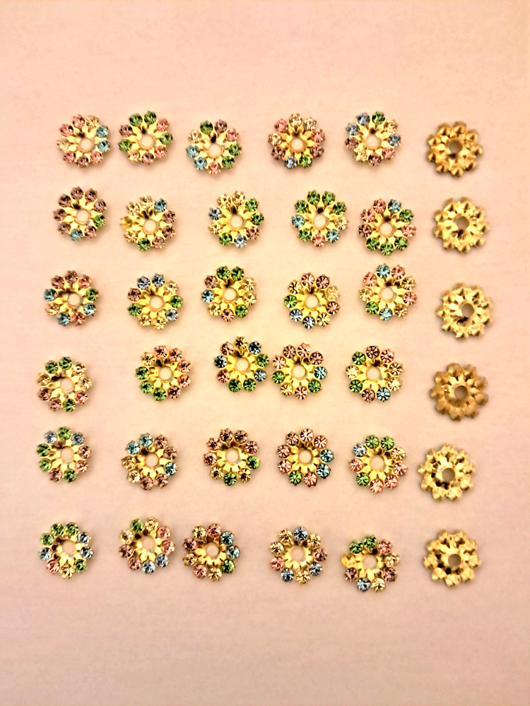 SWAROVSKI 10 MM MULTICOLOR CIRCLES IN BRASS SETTINGS WITH CENTER HOLE  (36 PCS)