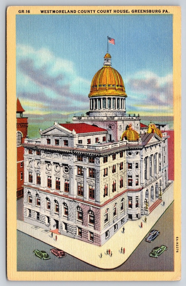 Greensburg PA~Westmoreland County Courthouse~Gold Dome~Beaux-Arts~Linen Postcard
