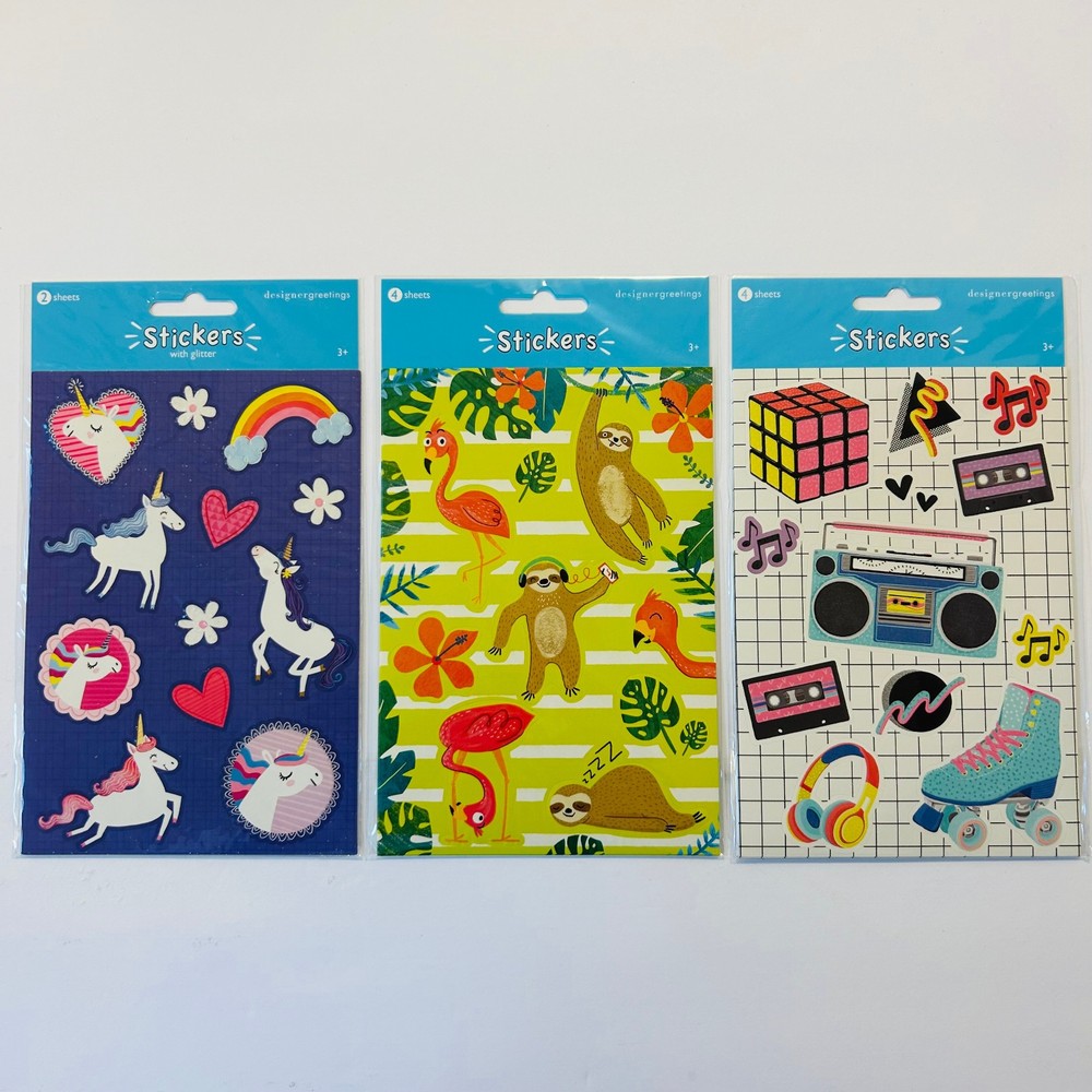 VINTAGE RETRO STICKERS Sloths Unicorns Hearts Skates Boombox NEW FACTORY SEALED