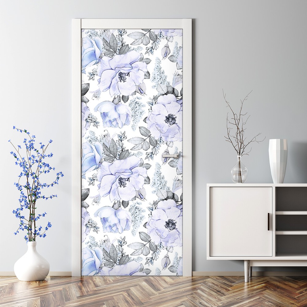 Bubble Free Door sticker Blue roses Watercolour Delicate Floral Pattern