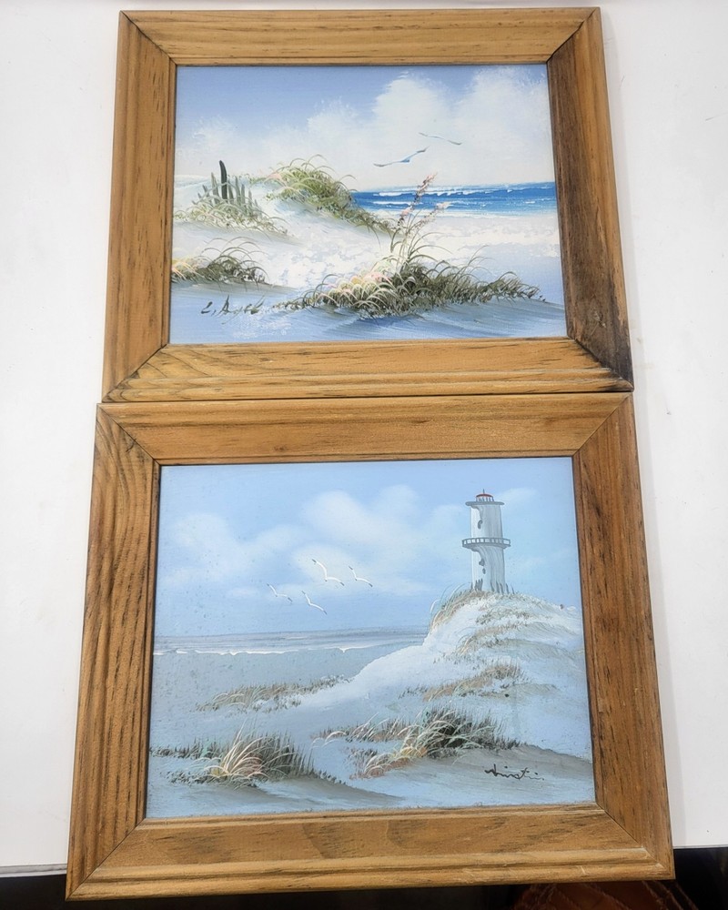 Framed Pair of Signed Coastal Scene Oil Paintings on Board Seashore Lighthouse