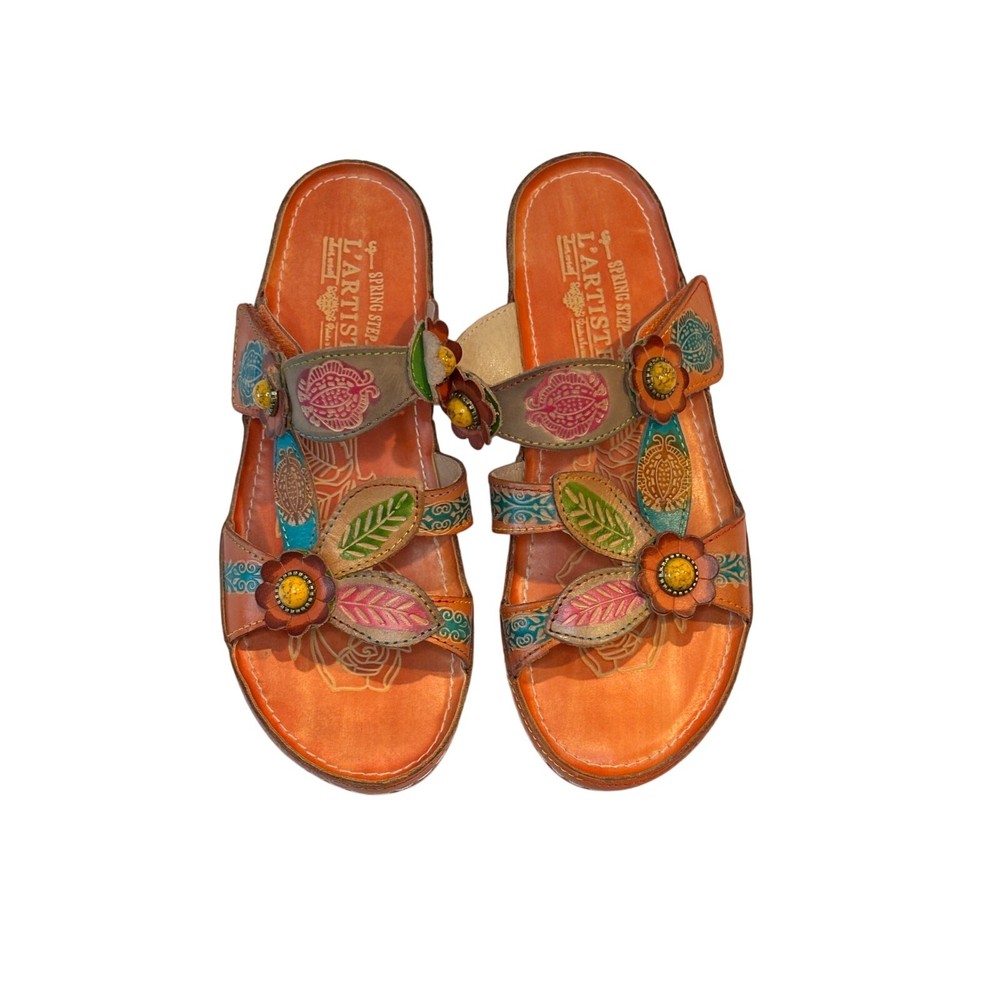 L’Artiste Pillow Soft Colorful Low Wedge Leather Summer Vacation Sandal Size 8.5